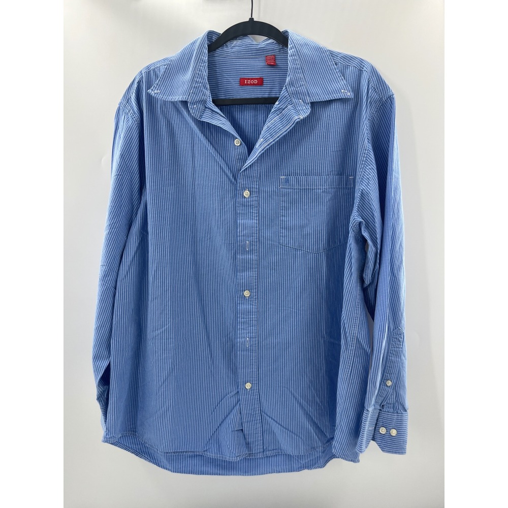 IZOD Mens XL Blue White Gingham Check Long Sleeve Button Down Shirt Pocket